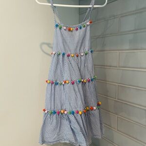 Tommy Bahama Blue & White Striped Pom-Pom Tiered Sundress